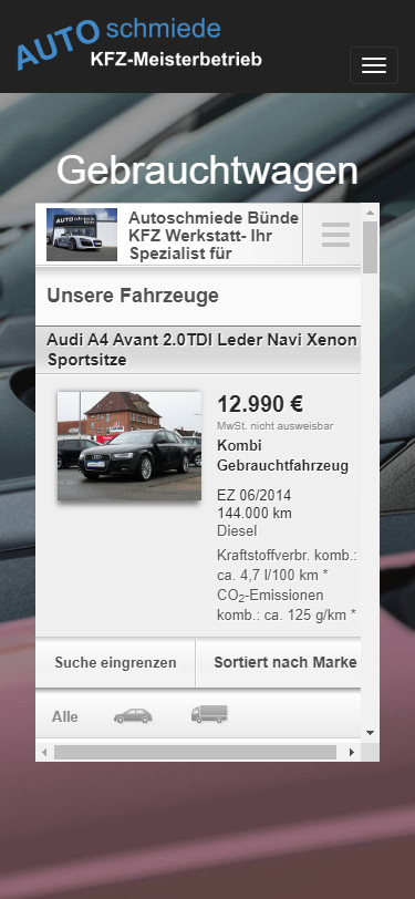 Screenshot Mobilansicht: Homepage Autoschmiede Bünde