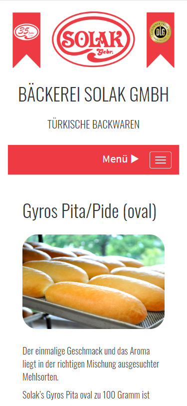 Screenshot Mobilansicht: Homepage Bäckerei Solak