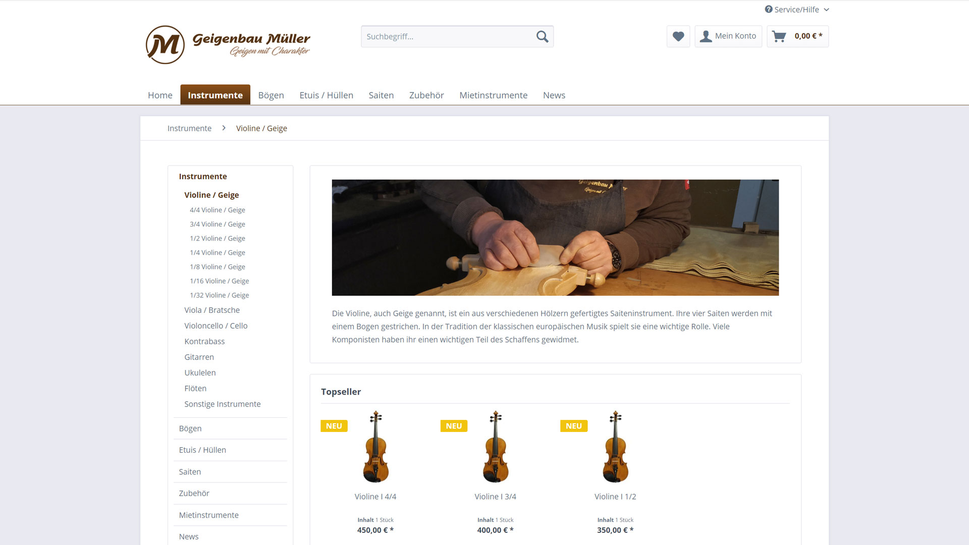 Screenshot: Geigenbau Müller Webshop