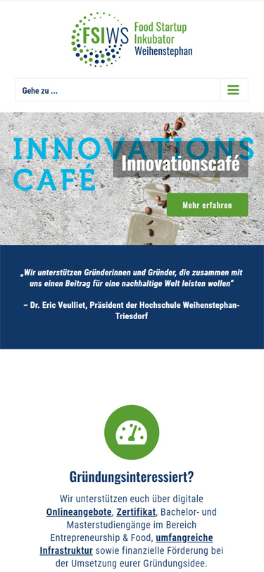 Screenshot Mobilansicht: Homepage Food Startup Inkubator Weihenstephan